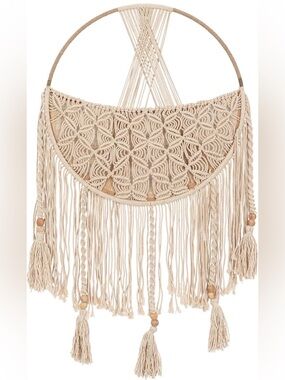 Farmhouse Macramé Boho Toy Bin with Tassels, Hanging Basket Nursery Decor